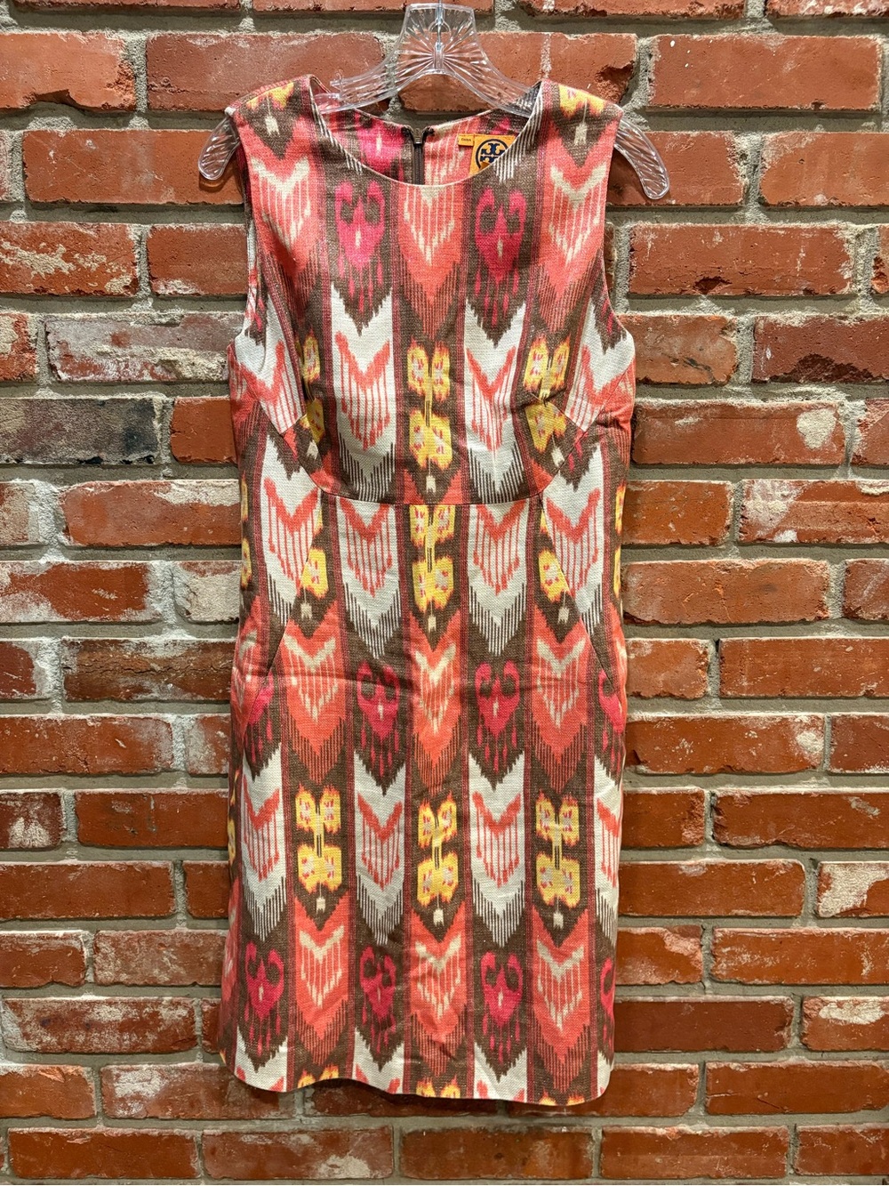 Tory Burch Ikat Linen Sleeveless Pink Brown Dress Silver Metallic Thread size 8
